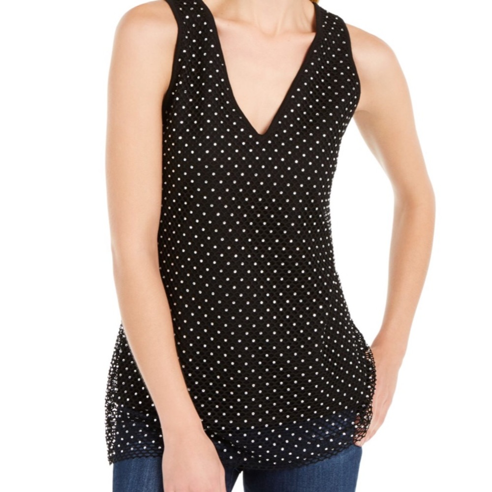 INC Black Scattered Rhinestone Mesh Sleeveless Sparkly 2 Pc Tank Top M NWT